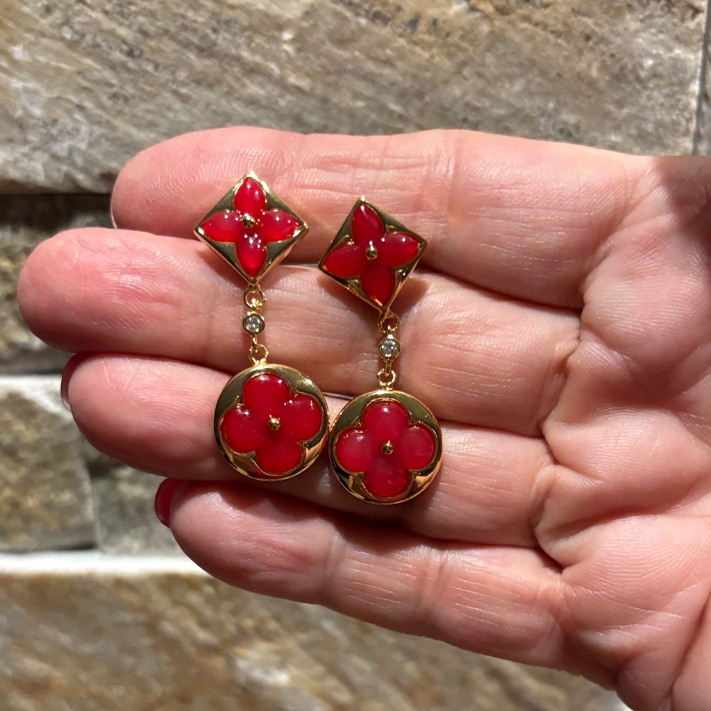 Elegant Red And Gold Lv Floral Earrings